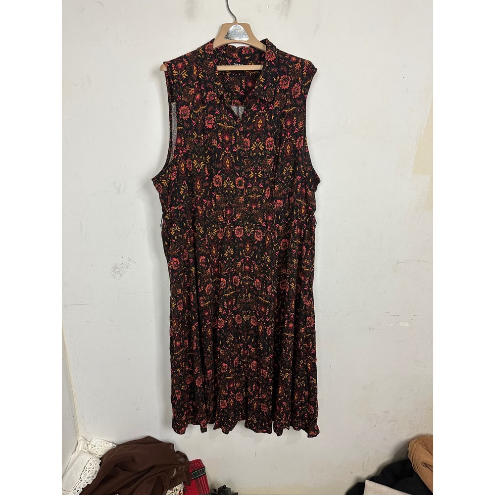 Torrid Womens Size 4 Floral Damask Sleeveless Midi Dress Black Pink Orange Rayon